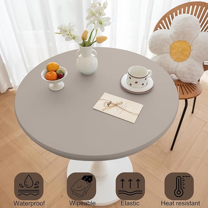 Round Fitted PU Tablecloth with High Elastic Edge 55 Inch Dia Waterproof Oil Proof Table Cloth Anti-Scald Stain-Resistant Wipeable Table Cover for Indoor Outdoor Picnic (Grey,55" Dia)