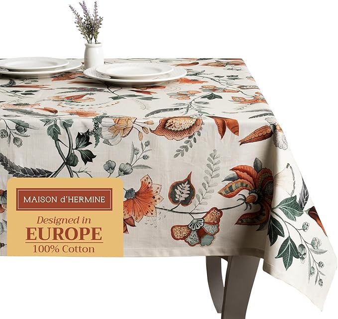 Maison d' Hermine Table Cloth Rectangle Table 100% Cotton 70 x 90 Inches Fall Tablecloth Reusable Everyday Use for Thanksgiving Christmas Decorations Dining Farmhouse Party (Dalida)
