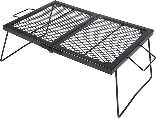 Large Folding Campfire Grill Grate, Portable Heavy Duty Steel Over Fire Camp Grill for Outdoor Camping Cooking Fire Pit, Black Folded in Half, 23.6"x15.7"
