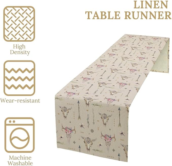 Western Boho Table Runner, Aztec Native Tribal Bull Skull Southwestern Bohemian Geometric Floral Pattern Table Runner for Home Kitchen Dining Party Farmhouse Cafe 13x120in