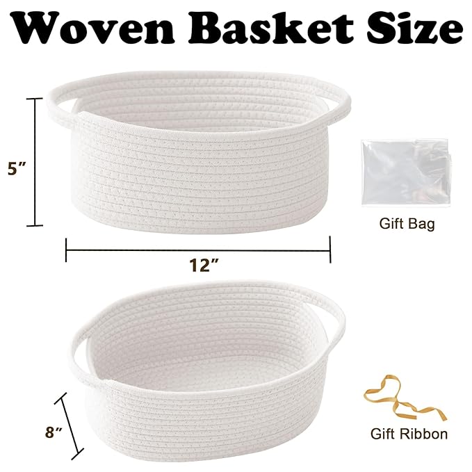 3 Pack Gift Basket with Gift Bag and Ribbons,Small Rope Woven Shelf Storage,Baskets for Gifts Empty,Birthday,Baby Shower,Decorative Organizer Box with Handles(White)