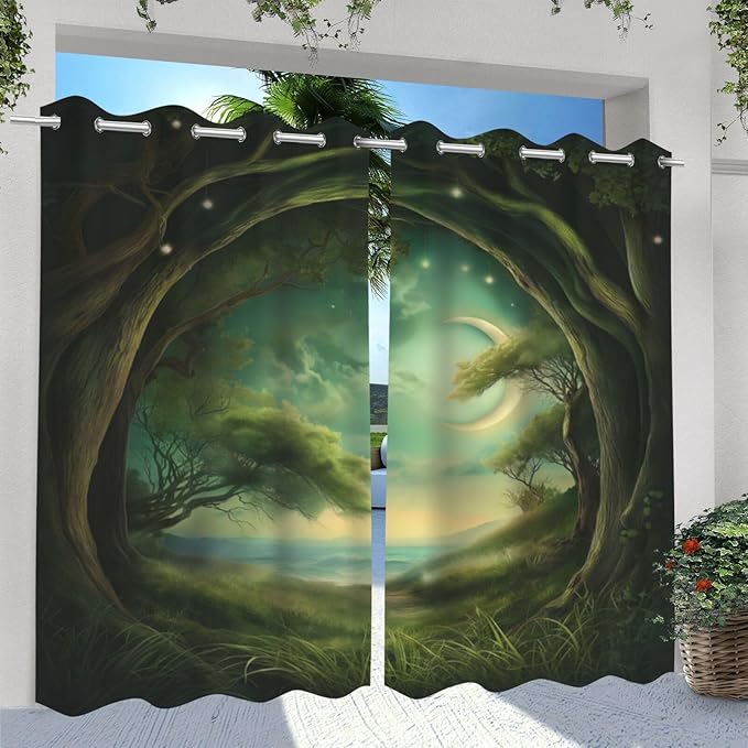 Forest Theme Waterproof Outdoor Curtains for Patio,Trees Moon Lake Pattern,UV and Fade Resistant Outside Curtains for Gazebo, Front Porch, Pergola,2 Panels,36 x 84 inch,Green