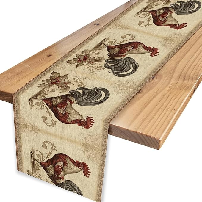 Farmhouse Rooster Table Runner, Vintage Rooster Retro Farmhouse Country Chicken Coffee Table Center Decor for Home Kitchen Dining Patio Holiday Party Indoor Outdoor Table Decorations 13"x36"