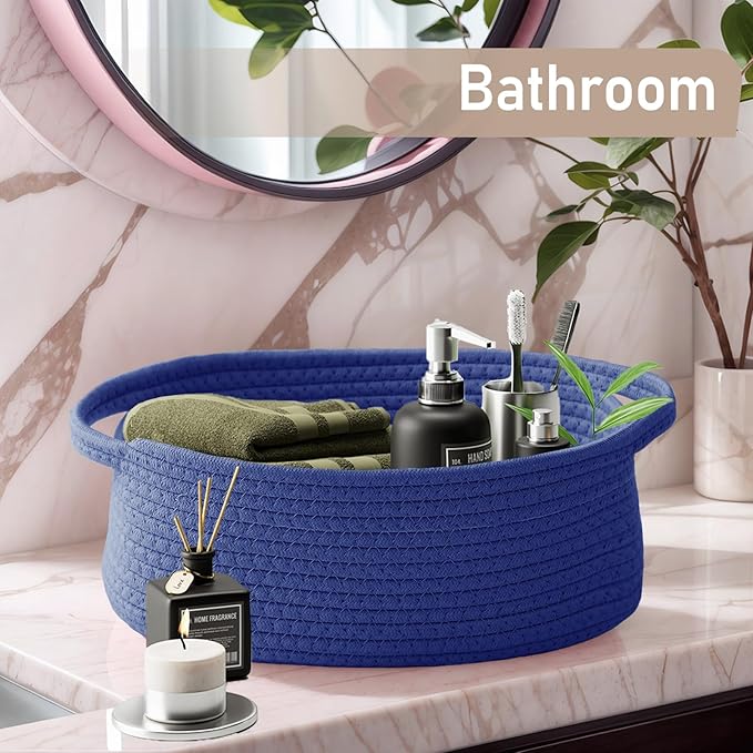 Woven Basket,Small Rope Storage Bin with Handles & Ribbon Bag, Organizer for Shelves Closets,Gift Basket Empty for Birthday,Books,Dog Toys, Navy Blue/2 Pack
