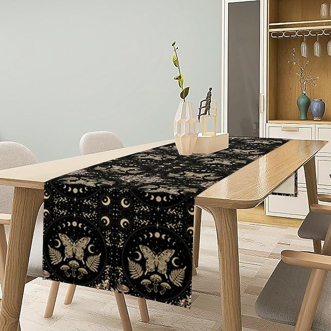 Mushroom Moth Table Runner,Vintage Boho Moon Autumn Seasonal Table Runner for Kitchen Dining Table Holiday Party Home Decor 13x60in