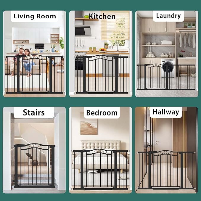 Fairy Baby 29.53"-32.28" Wide Baby Gate with Door, Walk Through Baby Gates for Stairs Pressure Mounted no Drill, Indoor Tension Metal Pet Dog Gate, Auto Close Child Safety Gate, Black