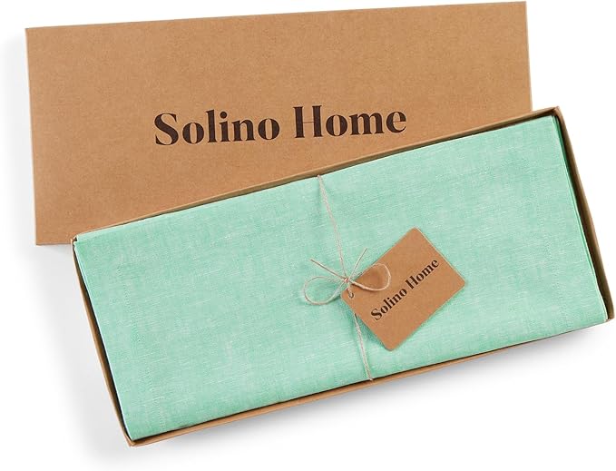 Solino Home Linen Table Runner 72 Inches Long - Athena, 100% Pure Linen Chambray Aqua Dining Table Runner 14 x 72 Inch for Winter, Spring, Easter