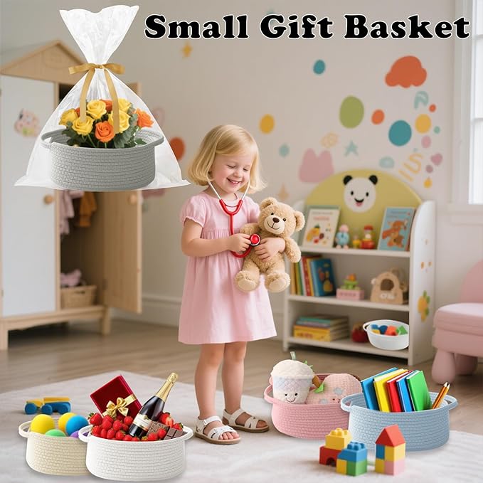 3 Pack Gift Basket with Gift Bag and Ribbons,Small Rope Woven Shelf Storage,Baskets for Gifts Empty,Birthday,Baby Shower,Decorative Organizer Box with Handles(Grey)