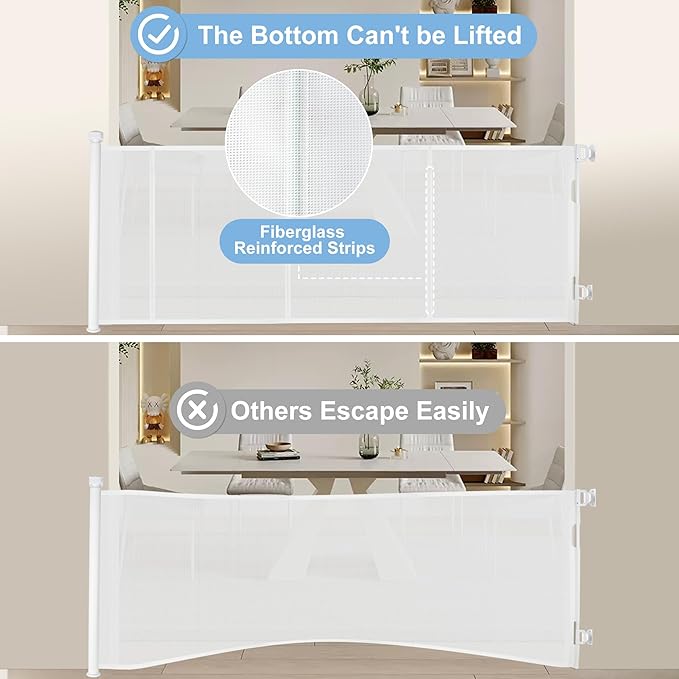 71 inches Extra Wide Retractable Baby Gate, 34 inches Tall Pet Gate for Stairs, Hallways, Kitchens, Safety Mesh Barrier for Kids and Dogs, Indoor Outdoor Use, White