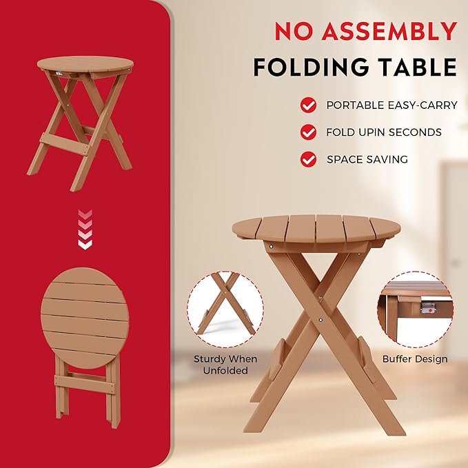 Costaelm Paradise HDPE Outdoor 24.5 Inch Round Portable Folding Patio Dining Table, Teak