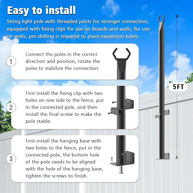 4 Pack String Light Poles,5Ft Metal Poles for Outdoor String Lights,Outdoor Light Poles with Post,Poles/Stand for Outside,Patio,Deck,Backyard,Garden Wedding,Party
