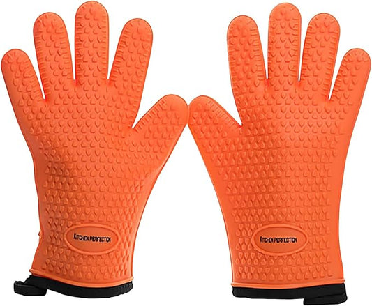 KITCHEN PERFECTION XL Silicone Smoker Oven Gloves-Extreme Heat Resistant BBQ Gloves-Handle Hot Food Right on Your Grill Fryer&Pit|Waterproof Grilling Cooking Baking Mitts|Superior Value Set+3 Bonuses