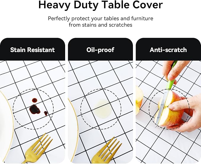 Romanstile Rectangle Vinyl Tablecloth, 100% Waterproof Oil-Proof Checkered Plastic Table Cloth, Heavy Duty Wipeable Table Covers for Dining, Camping, Picnic, Outdoor - 60 x 102 Inch, White