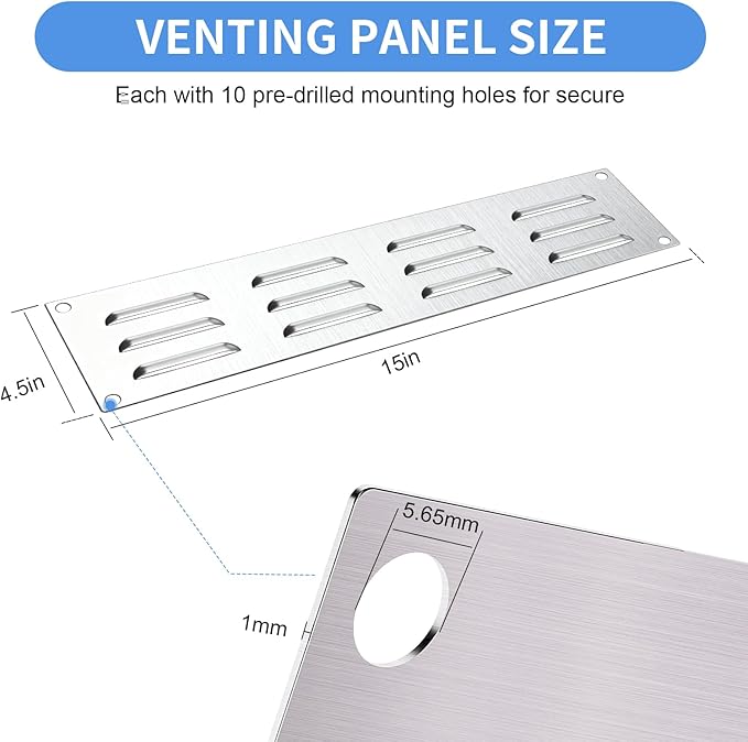 2 Pack Stainless Steel Venting Panel for BBQ Grill Accessory, 15x4.5 Inch (12-Slots), 304 Grade Metal Vent Cover for Masonry Fire Pits & Outdoor Kitchens, Weather Resistant, 15" by 4-1/2"