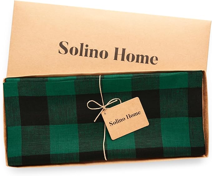 Solino Home Linen Checkered Table Runners 72 Inches Long - 100% Pure Linen Green and Black Buffalo Check Table Runner 14 x 72 Inch Ideal for Dresser, Dining, Winter