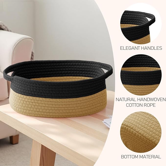 Woven Basket,Small Rope Storage Bin with Handles & Ribbon Bag, Organizer for Shelves Closets,Gift Basket Empty for Birthday,Books,Dog Toys, Black&Jute/3 Pack
