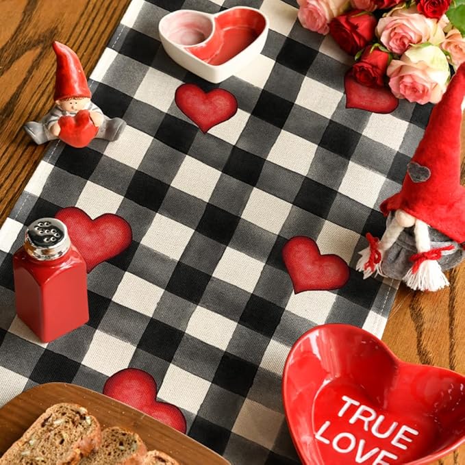 Artoid Mode Watercolor Buffalo Plaid Hearts Gnomes Love Valentine's Table Runner, Seasonal Anniversary Wedding HoliKitchen Dining Table Decoration for Indoor Outdoor Home Decor 13 x 120 Inch