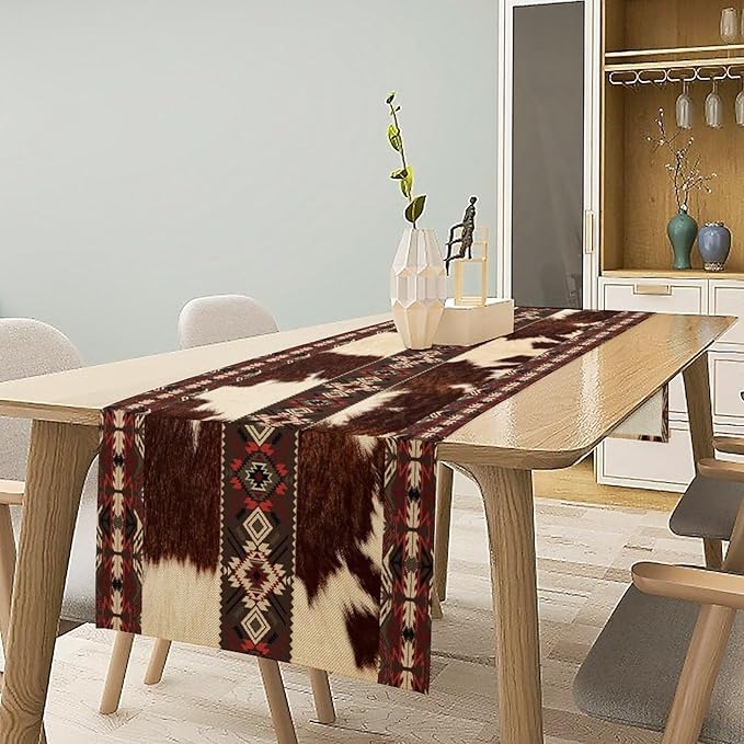 Cowhide Table Runner, Brown Cow Western Exotic Aztec Wild Animals Skin Table Runner for Kitchen Farmhouse Dining Home Outdoor Party 13x90in