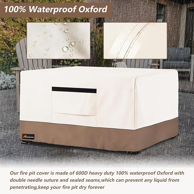 Fire Pit Cover Rectangular, Outdoor Heavy Duty 600D Tear-Resistant 100% Waterproof 44 Inch Fire Table Cover Rectangle, Patio Weatherproof Rectangular Fire Table Protector, Beige 44" L x 28" W x 24" H