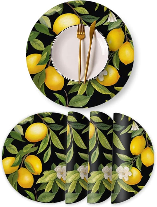Faux Leather Ding Table Placemats Set of 4,Lemon Tree with Leaves Round Placemat Easy to Clean Heat-Resistant Waterproof Non-Slip Place Mats Indoor and Outdoor Scenes,13inch