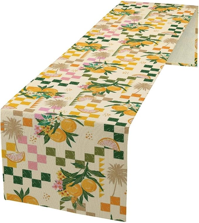 Tropical Summer Fruit Table Runner, Orange Square Grid Lemon Beach Ocean Table Runner for Kitchen Dining Party Holiday Home 13x108in