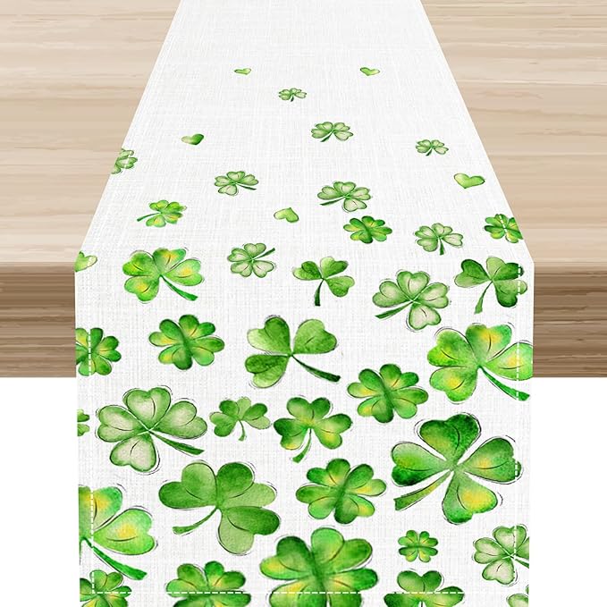 St.Patrick's Day Table Runner,Rustic Green Clover Seasonal Leaves White Green Table Center Decor for Family Kitchen and Living Room Outdoor Farmhouse Party Table Decorations, 13"x36"
