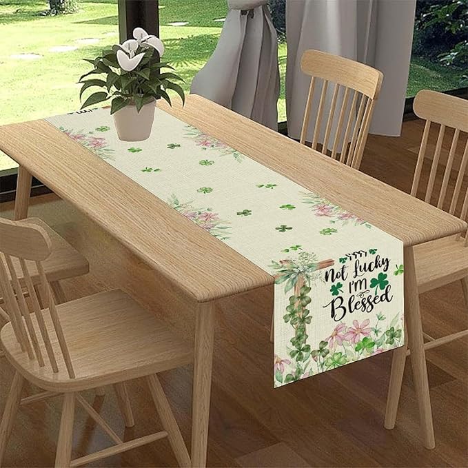 Cross Clover Table Runner,Rustic Beige Pink Floral Green Shamrock St.Patrick's Day Table Center Decor for Home Kitchen Dining Patio Holiday Party Indoor Decorations, 13"x36"