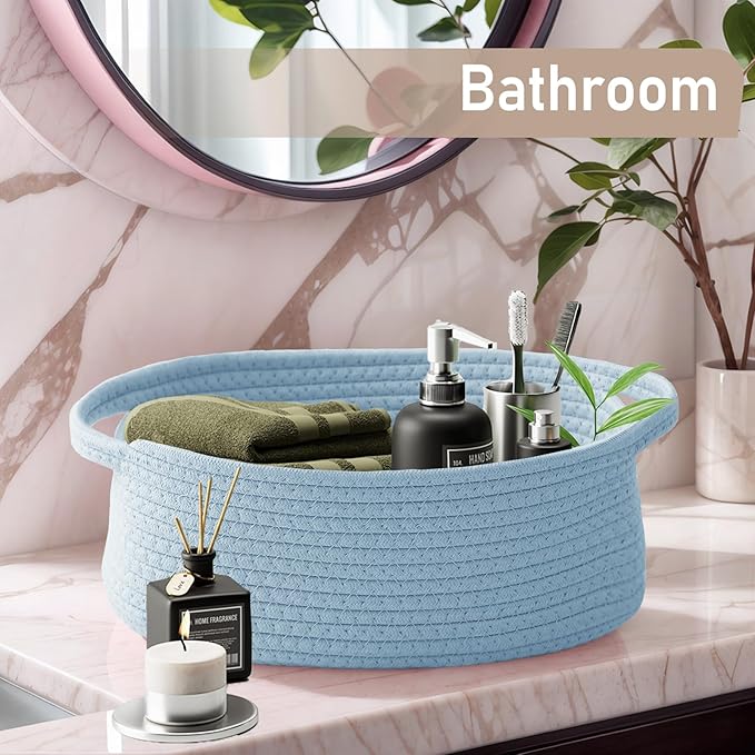 Woven Basket,Small Rope Storage Bin with Handles & Ribbon Bag, Organizer for Shelves Closets,Gift Basket Empty for Birthday,Books,Dog Toys, Blue/3 Pack
