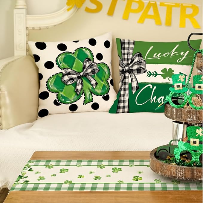 GEEORY St. Patrick's Day Table Runner 13 x 108 Inch, Shamrocks Plaid Mason Jar Decorative Holiday Table Decoration for Kitchen Dinning, Indoor Outdoor Dinner Party Décor GT142-108