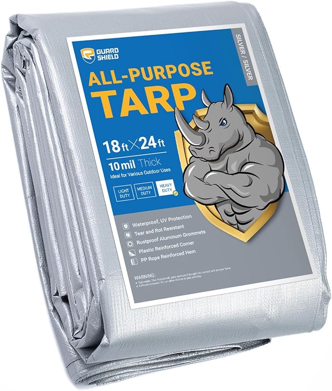 GUARD SHIELD Heavy Duty Tarp 18x24 Feet Silver Multi Purpose Thick Waterproof Poly Tarp Cover 10mil