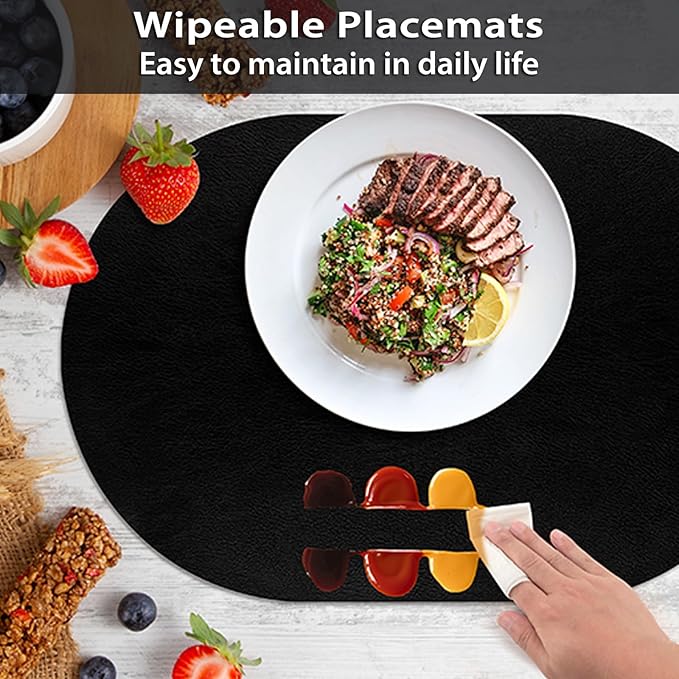 ADRIMER Placemats, Heat Resistant Oval Placemats Set of 8 Washable 12 x 17 Inch, Waterproof Table Mats, Wipeable Pu Place Mats for Kitchen, Dining Room, Black