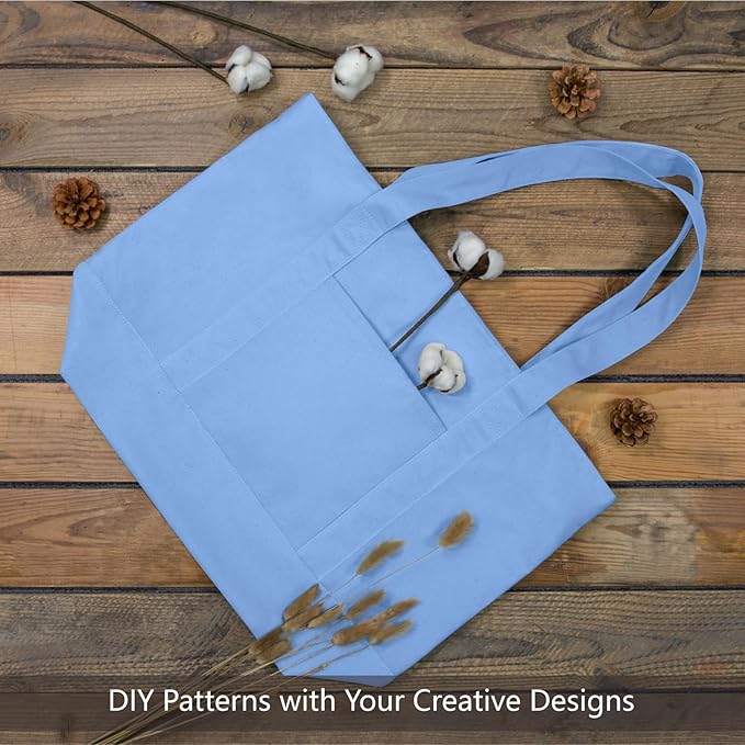 TOPDesign 3-Pack Canvas Tote Bags with an External Pocket, Reusable Grocery Shopping Bags, Top Zipper Closure, Daily Essentials (Light Blue)