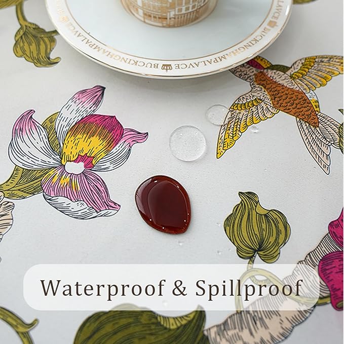 Waterproof Rectangular Tablecloth 60 x 120 Inch, Bird Floral Table Cloth Country Spring Summer Tablecloths, Table Cover for Farmhouse, Dining, Outdoor - Red Flower