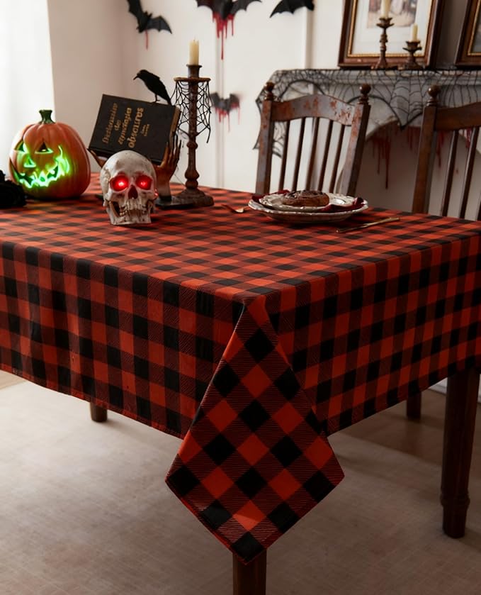 Waterproof Gingham Festive Tablecloth Fabric - Oblong 52x70 Inch Classic Buffalo Tartan Autumn Table Cloth for Outdoor Use - Halloween Coloring Tabletop Cover for Dinner, BBQs, and Parties