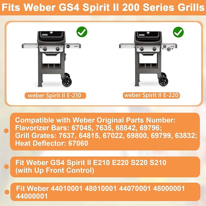 GS4 Spirit II Grill Parts for Weber Spirit 2 Replacement Parts Spirit II 200 SER Parts for Weber GS4 Spirit 2 Flavorizer Bars 7635 67045 68842, 7637 64815 Stainless Steel Grates, Heat Deflector 67060