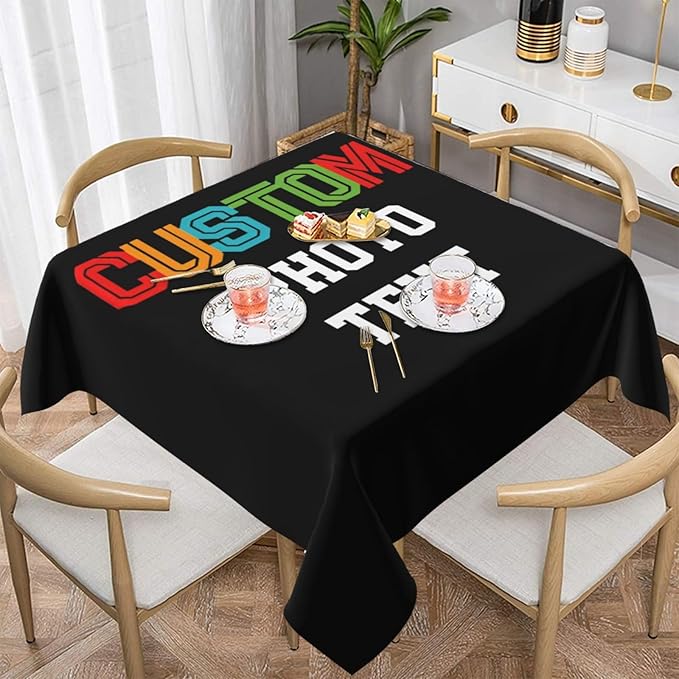 Custom Square Tablecloth, Design Your Logo Text Photo, Personalized Oil Proof Wipeable Table Cover for Restaurant, Family Party, Picnic, Wedding Anniversary Decoration, 54in