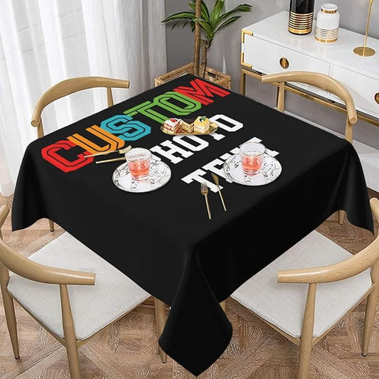 Custom Square Tablecloth, Design Your Logo Text Photo, Personalized Oil Proof Wipeable Table Cover for Restaurant, Family Party, Picnic, Wedding Anniversary Decoration, 54in