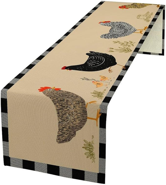 Farmhouse Roosters Chickens Table Runners, Black White Buffalo Plaid Vintage Rustic Animal Table Runner for Wedding Coffee Dining Table Party Home 13x120in
