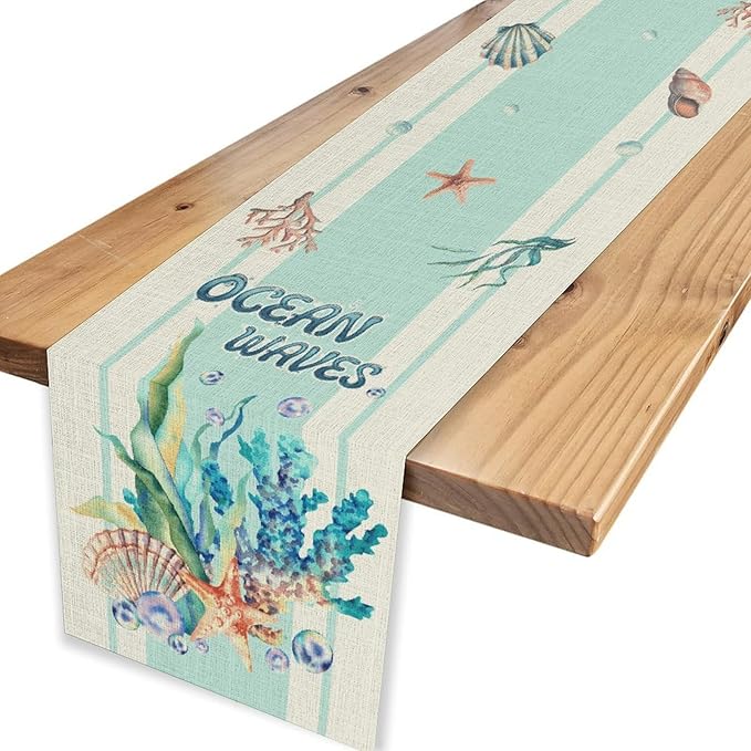 Nautical Coastal Table Runners, Blue Starfish Seashell Coral Summer Watercolor Undersea Ocean Waves Beach Table Center Decor for Holiday Party Kitchen Outdoor Farmhouse Table Decorations, 13" X 36"