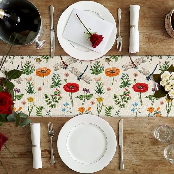 Flowers Dragonflies Table Runner Kitchen Dining Table Runner 13*60in Table Center Decor for Indoor Outdoor Home Holiday Party