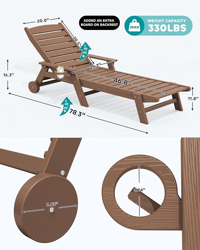 SERWALL Patio Chaise Lounge Chair Set of 2, 78'' Long HDPE Outdoor Lounger, 5 Positions Adjustable Poly Lounge Chair with Rolling Wheels & Cup Holder for Pool, Brown