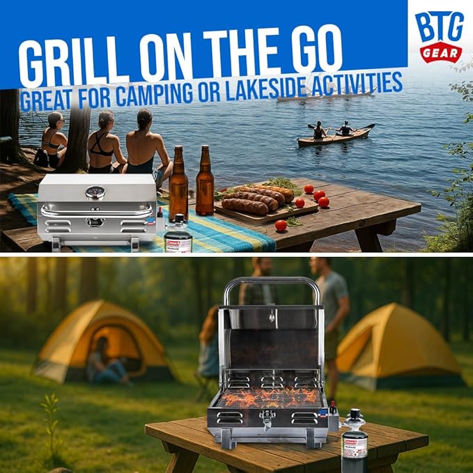 Tailwaves Marine Grill w/Rod Holder Mount | Stainless Steel | Propane BBQ for Boats & Tailgating & Camping | Built in Thermometer | Portable | Fold-away legs