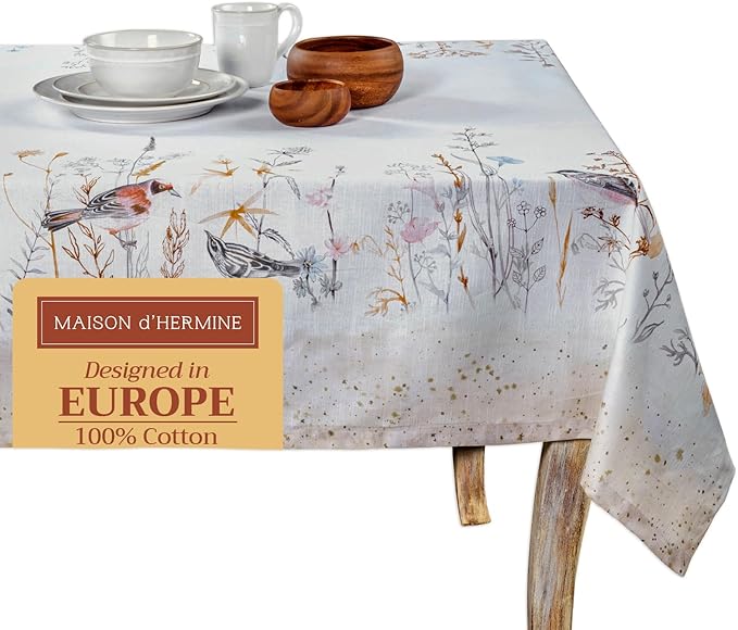 Maison d' Hermine Table Cloth Rectangle Table 100% Cotton 60 x 120 Inches Tablecloth Reusable for Dining Room, Farmhouse, Home, Party, Festive & Wedding Spring Summer - Meadow Florals - Beige