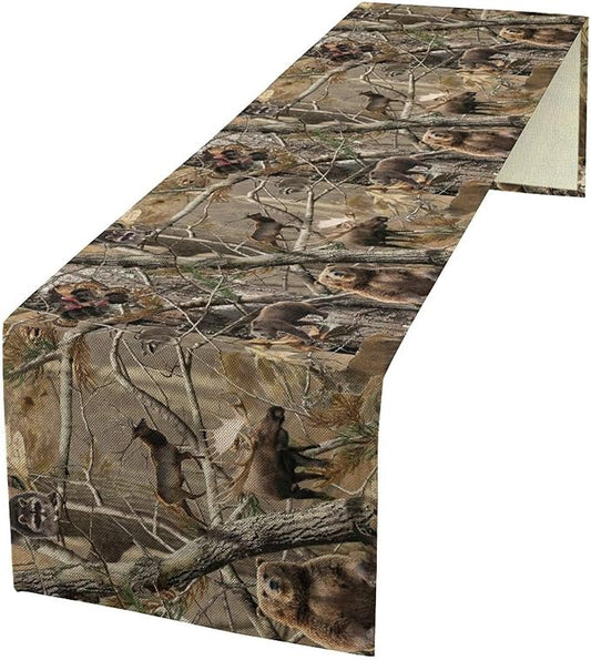 Forest Camouflage Table Runner, Camo Rustic Wildlife Animal Hunting Deer Elk Bird Bear Table Runner for Party Kitchen Dining Banquet 13x36in