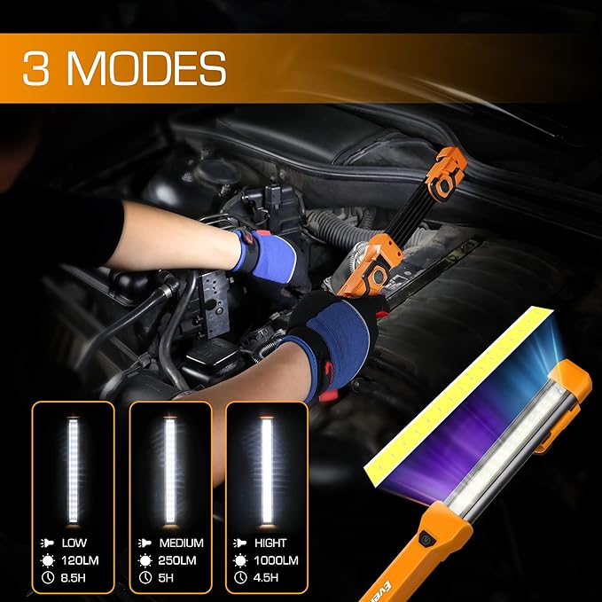 EverBrite 1000LM LED Work Light, Rechargeable Work Light for Mechanics with Dual Magnetic Bases&Hanging Hooks, 4 Lighting Modes, USB C Cable, for Car Repairing, Working, and Hurricane, Pack of 1
