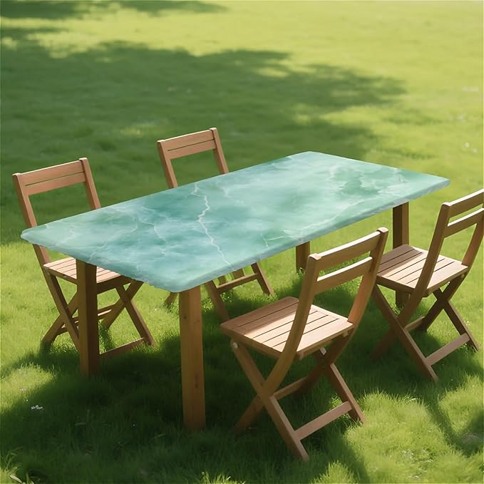 Rectangle Table Cloth Cover Waterproof Elastic Fitted Polyester Fitted Tablecloths for 4 Foot Tables for Indoor,Picnic, Camping, Outdoor （48" x 30"，Green Marble）