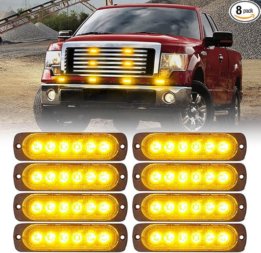 Xprite 8PCS LED Emergency Strobe Lights, Amber 12-LED Surface Mount Flashing Strobe Lights, Sync Feature Ultra Slim Grill Light for Off-Road Vehicles ATV SUV Trucks Cars