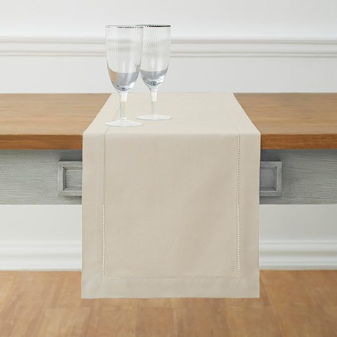 Solino Home Linen Hemstitch Table Runner 48 Inches - Cotton Linen Short Table Runner 14 x 48 Inch Ideal for Dresser and Coffee Tables - Spring, Easter