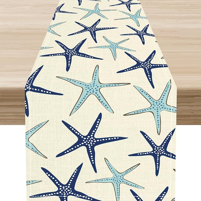 Blue Starfish Table Runner,Nautical Beach Ocean Table Runner Seasonal Holiday Home Kitchen Dining Table for Home Party Decor 13"x108"