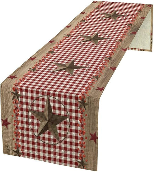 Farmhouse Western Table Runner,Rustic Country Barn Red White Buffalo Plaid Texas Star Berries Print Table Decoration for Kitchen Dining Table Wedding Home Party 13x108in